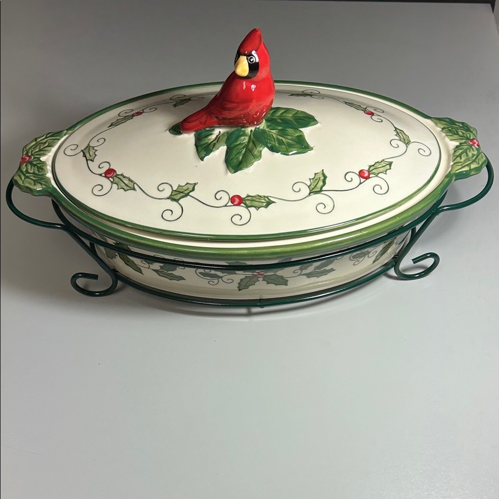 Temptations Cardinal Holiday Casserole Dish Set with Holly and Berry Accents